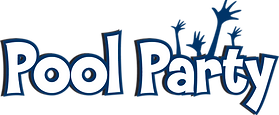 Graphic text reading ‘Pool Party’ in playful blue font with hand silhouettes in the background.