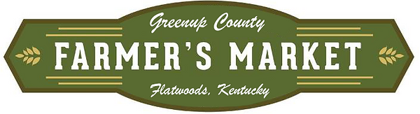 Greenup County Farmer’s Market logo with text ‘Flatwoods, Kentucky’ on a green and gold sign.