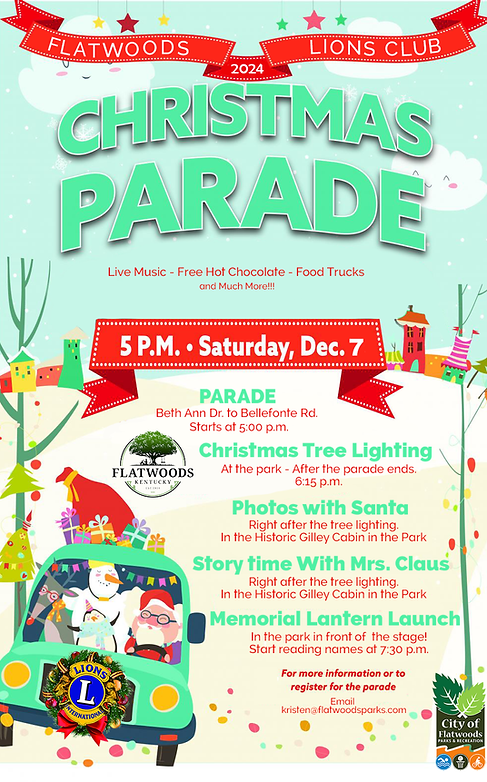 Colorful flyer for the 2024 Flatwoods Lions Club Christmas Parade on Saturday, Dec. 7 at 5 PM, featuring live music, food trucks, and holiday events including a tree lighting, photos with Santa, and lantern launch.