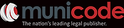 Logo for Municode, featuring a stylized red and white icon resembling layered pages or waves, followed by the word “municode” in lowercase letters—“muni” in gray and “code” in red. Below the name is the tagline: “The nation’s leading legal publisher.”