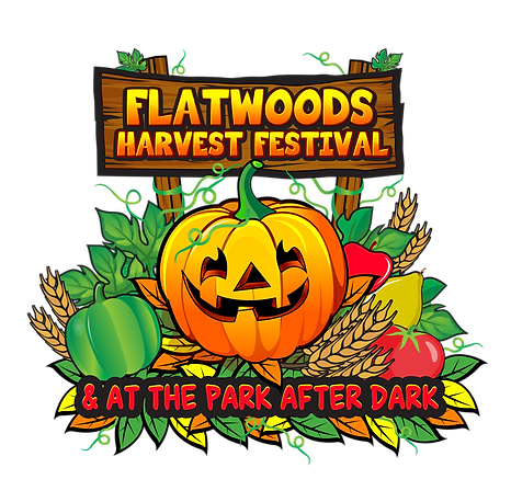 Colorful logo for the 'Flatwoods Harvest Festival & At the Park After Dark,' featuring a carved pumpkin surrounded by fall leaves, corn stalks, and vegetables.