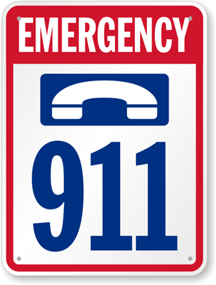 Red and white emergency sign with the word “EMERGENCY” in red at the top, a blue graphic of a telephone handset in the middle, and large blue numbers “911” prominently displayed at the bottom.
