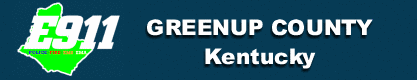 Logo for Greenup County, Kentucky’s E911 service. The text “E911” is overlaid on a green silhouette of the county with the words “POLICE FIRE EMS 911” written across the middle. Beside it reads: “GREENUP COUNTY Kentucky” in bold white letters on a dark blue background.