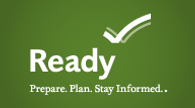 Green background with a white checkmark above the word 'Ready' in bold white font. Below it reads the slogan: 'Prepare. Plan. Stay Informed.'
