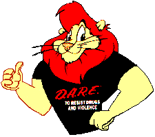 Cartoon lion mascot giving a thumbs-up and wearing a black shirt that says “D.A.R.E. TO RESIST DRUGS AND VIOLENCE.