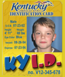 Sample Kentucky identification card for youth, featuring a young boy’s photo, personal information, and bold letters “KY I.D.” on a bright yellow background.