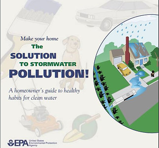 Cover of the EPA publication titled 'Make your home the Solution to Stormwater Pollution!' The main graphic is a circular illustration of a suburban home during rainfall. Stormwater runs from the roof, driveway, and lawn into a storm drain. Surrounding the image are icons of a lawnmower, shovel, dog, and car, symbolizing common household sources of runoff pollution. Subtitle reads: 'A homeowner's guide to healthy habits for clean water.' The EPA logo appears in the bottom-left corner.