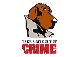 Illustration of McGruff the Crime Dog, a cartoon bloodhound wearing a trench coat. Below the image is the slogan “Take a bite out of crime,” with the word 'CRIME' in large, bold red letters.